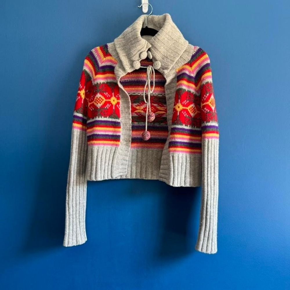 Y2K Lambswool Cropped Cardigan Women's Size Medium Gray Fair Isle Moda Intl.